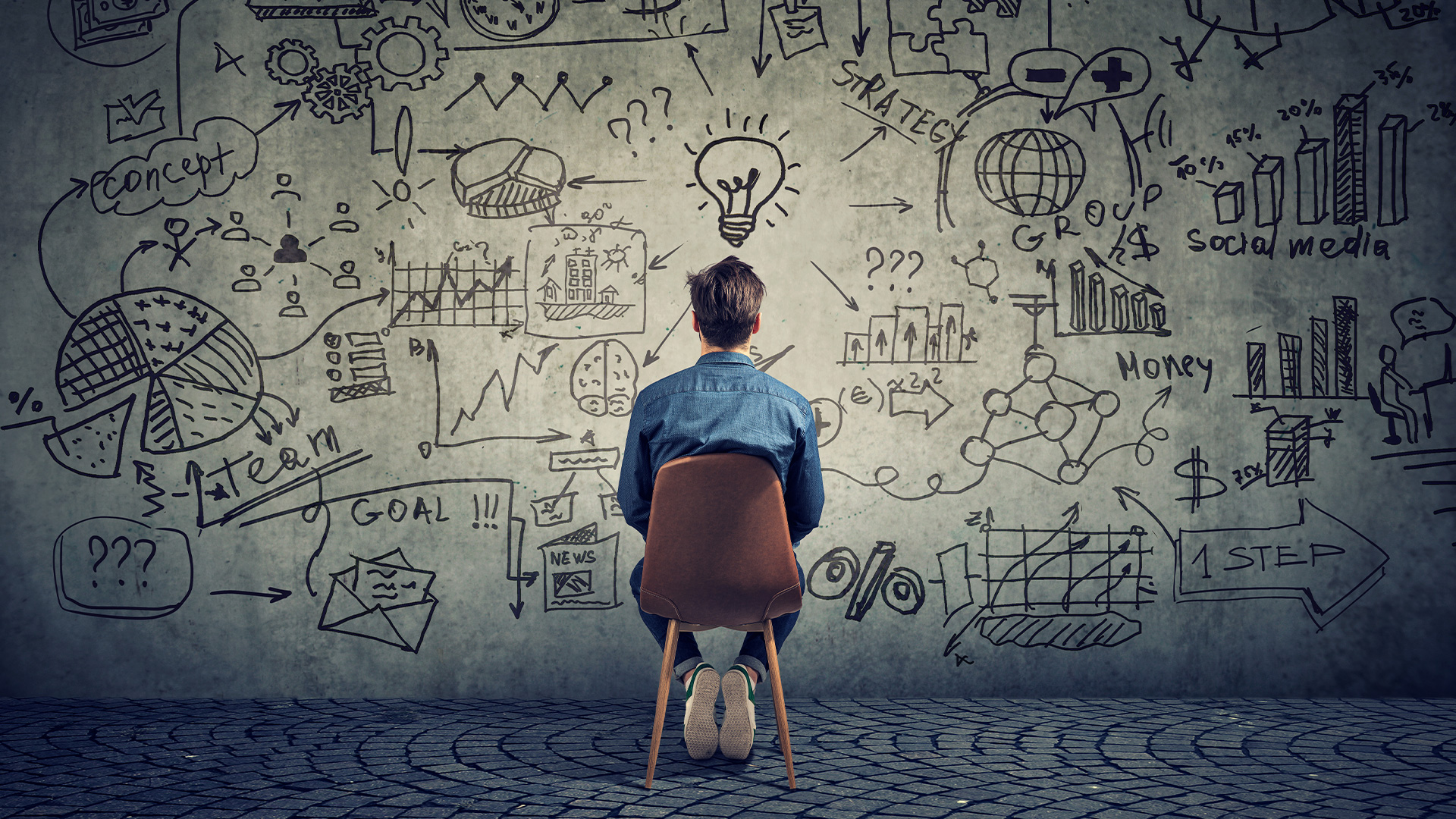 Brand Strategist sitting on a chair and looking at the brand strategy mood board