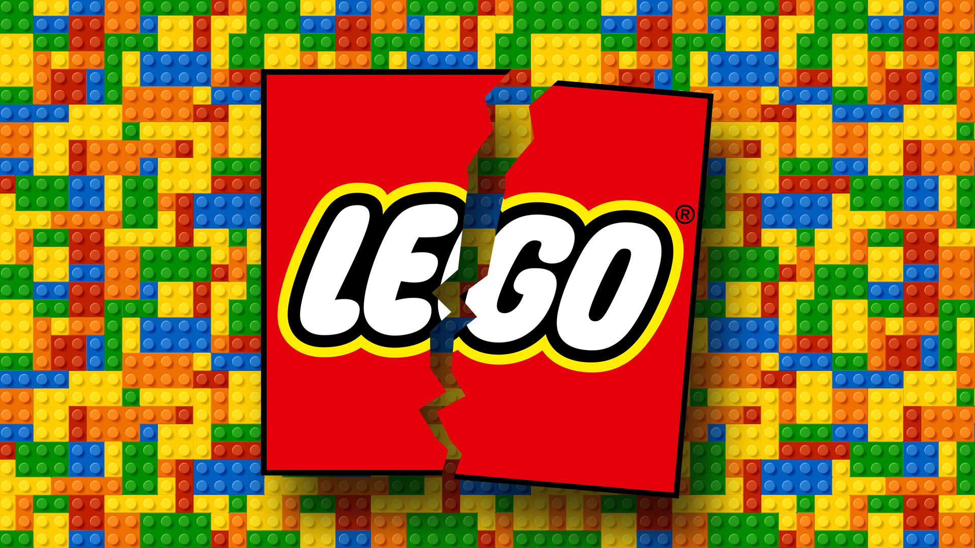 LEGO logo broken in half over a colorful LEGO brick background